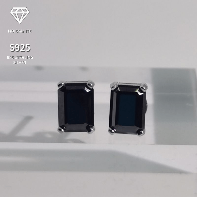 Women’s 1ct Moissanite Stud Earrings Sterling Silver Black Rectangular Jewelry