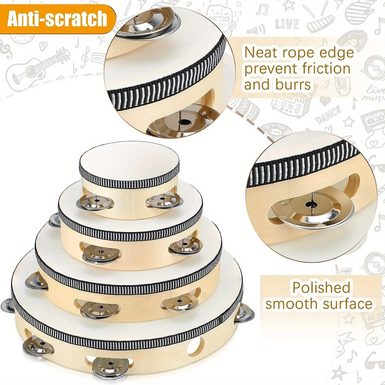 Wooden Tambourine with Metal Bells 4/6/8/10 Inch Handheld Percussion Instrument for Music and Parties