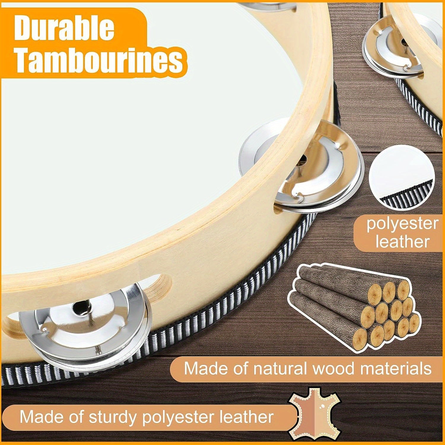 Wooden Tambourine with Metal Bells 4/6/8/10 Inch Handheld Percussion Instrument for Music and Parties