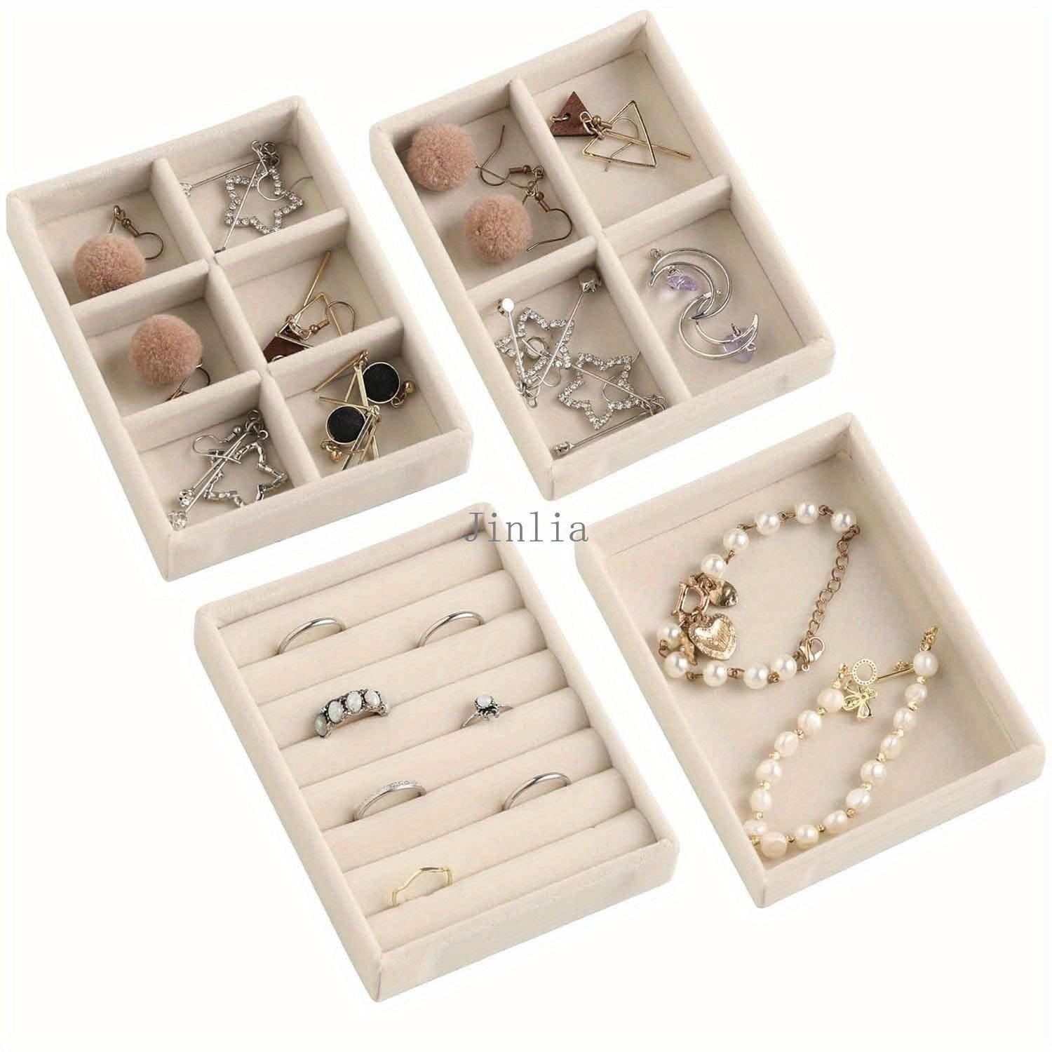 Juego de organizadores de bandejas de joyería de terciopelo, cuatro insertos apilables de gamuza para cajones para pendientes, anillos, collares