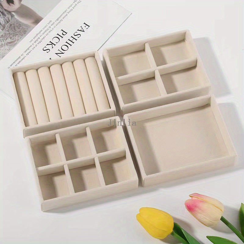 Juego de organizadores de bandejas de joyería de terciopelo, cuatro insertos apilables de gamuza para cajones para pendientes, anillos, collares