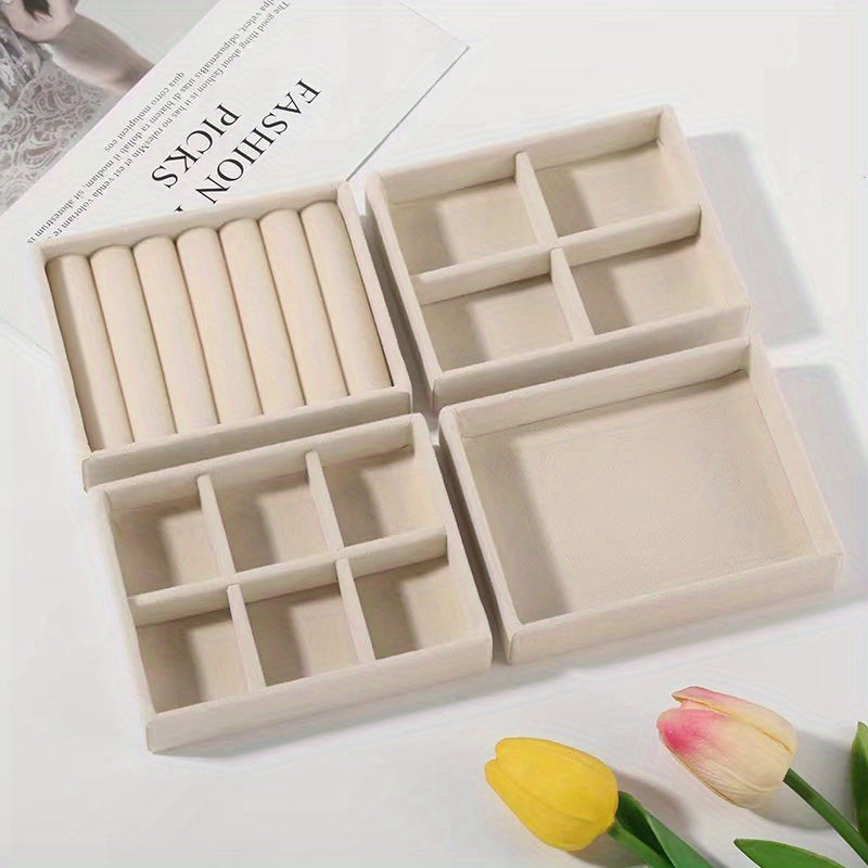 Juego de organizadores de bandejas de joyería de terciopelo, cuatro insertos apilables de gamuza para cajones para pendientes, anillos, collares