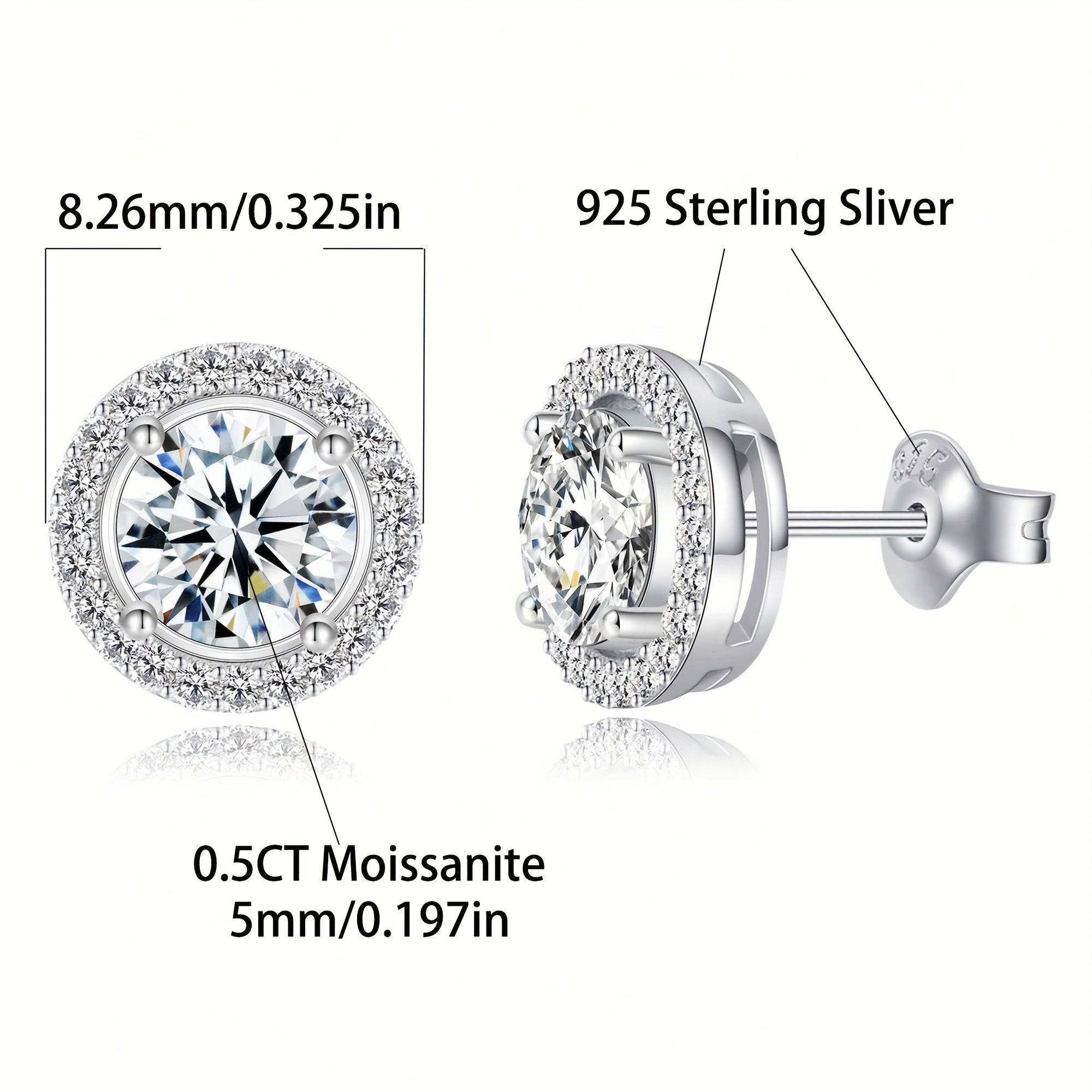 Moissanite Stud Earrings 0.5CT Sterling Silver 18K Gold Plated December Birthstone Gift