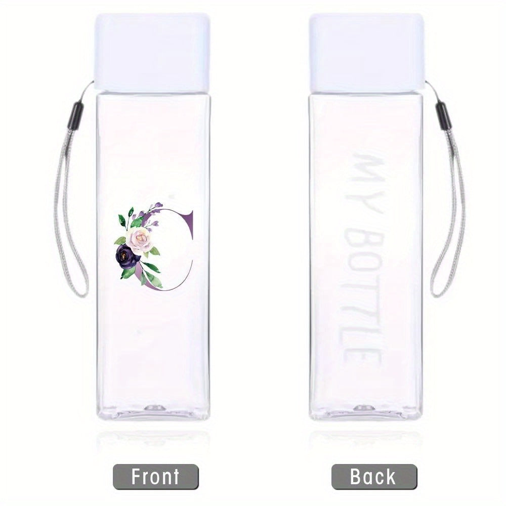 Large Sports Water Bottle Purple Leak-Proof High Temperature Resistant Portable Rope Square Transparent 26 Initial Letter Patterns