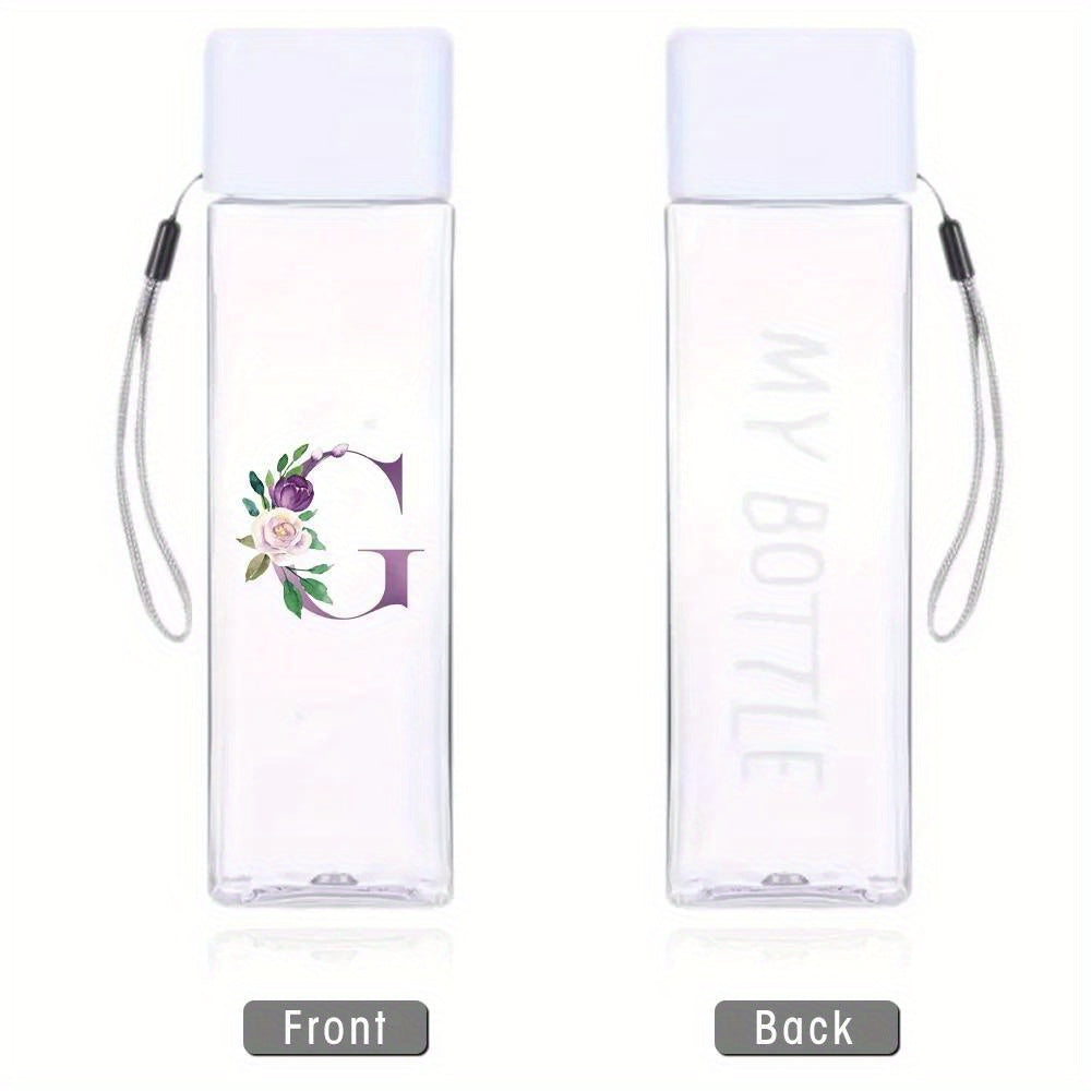 Large Sports Water Bottle Purple Leak-Proof High Temperature Resistant Portable Rope Square Transparent 26 Initial Letter Patterns