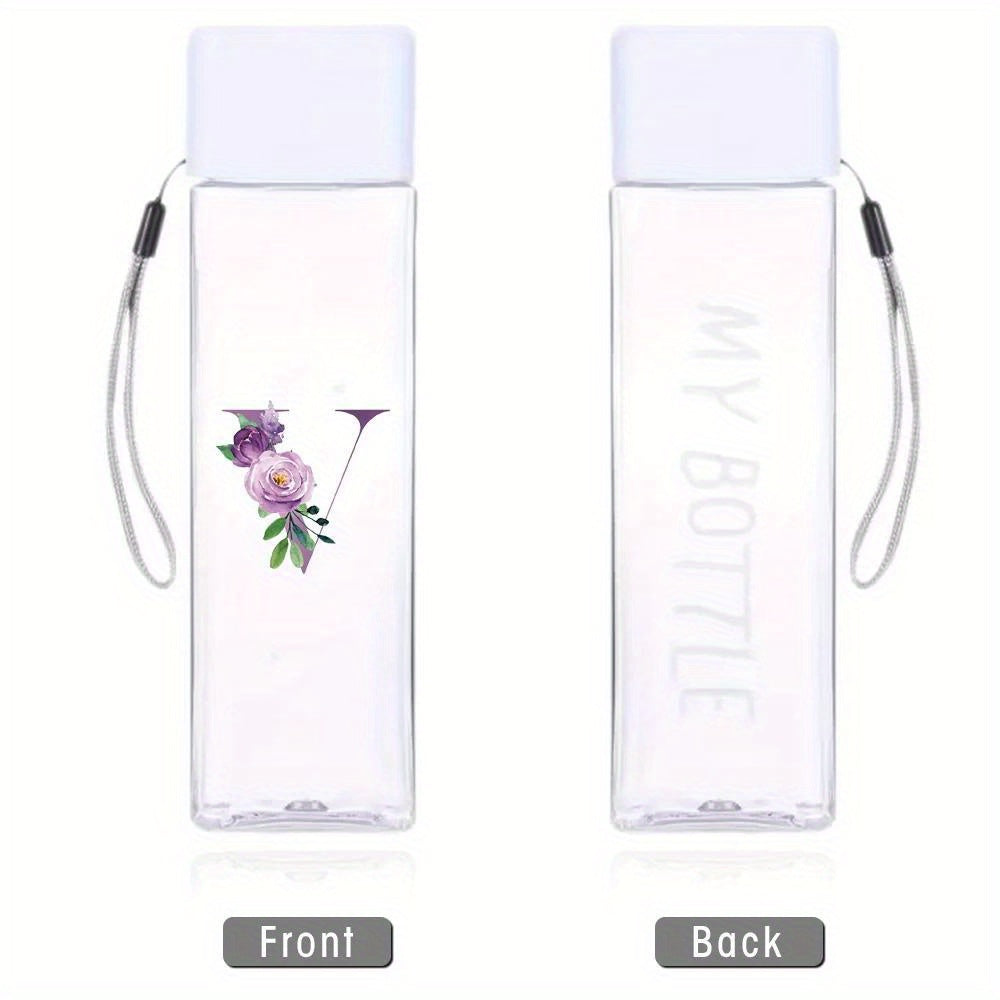 Large Sports Water Bottle Purple Leak-Proof High Temperature Resistant Portable Rope Square Transparent 26 Initial Letter Patterns