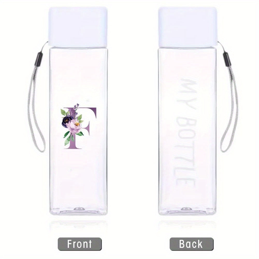 Large Sports Water Bottle Purple Leak-Proof High Temperature Resistant Portable Rope Square Transparent 26 Initial Letter Patterns