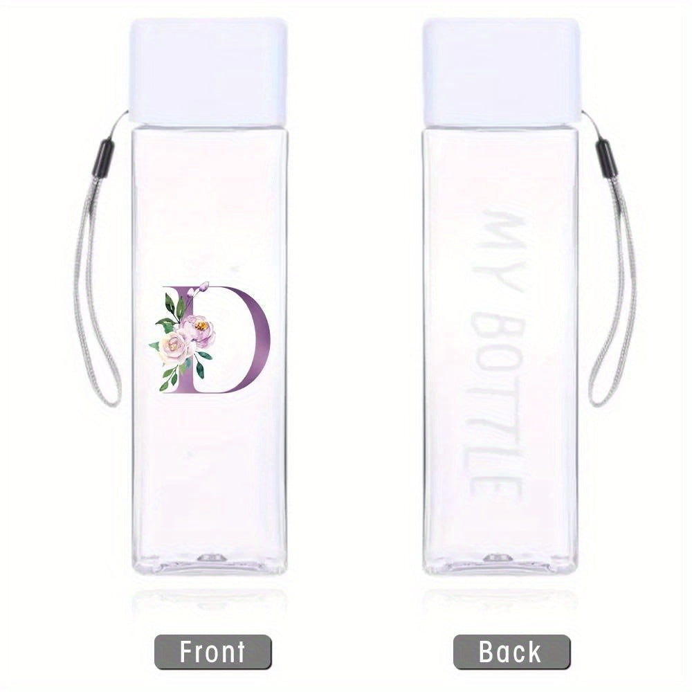 Large Sports Water Bottle Purple Leak-Proof High Temperature Resistant Portable Rope Square Transparent 26 Initial Letter Patterns