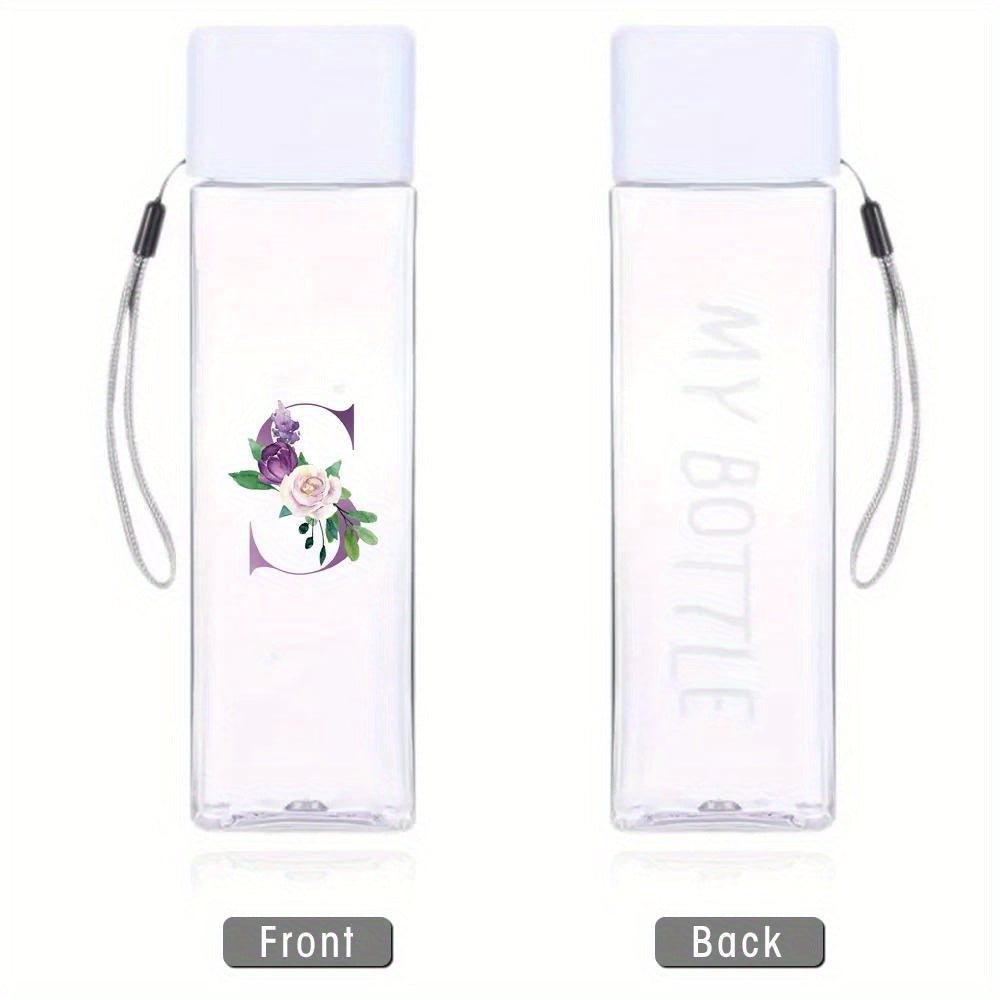 Large Sports Water Bottle Purple Leak-Proof High Temperature Resistant Portable Rope Square Transparent 26 Initial Letter Patterns