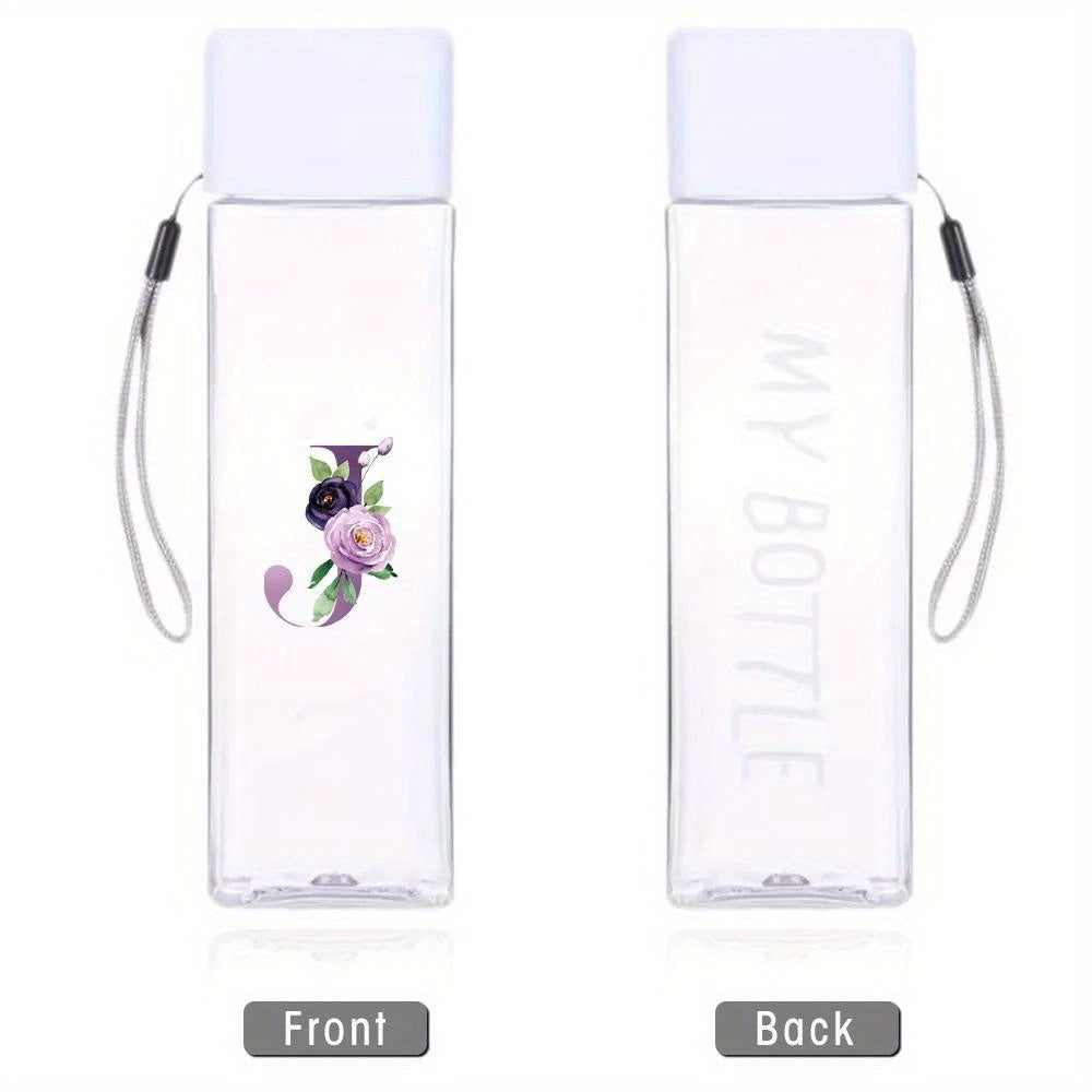 Large Sports Water Bottle Purple Leak-Proof High Temperature Resistant Portable Rope Square Transparent 26 Initial Letter Patterns