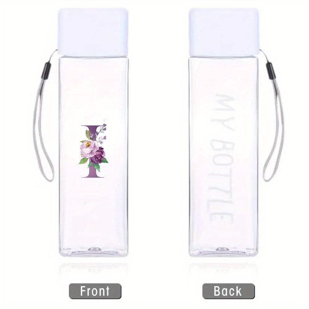 Large Sports Water Bottle Purple Leak-Proof High Temperature Resistant Portable Rope Square Transparent 26 Initial Letter Patterns