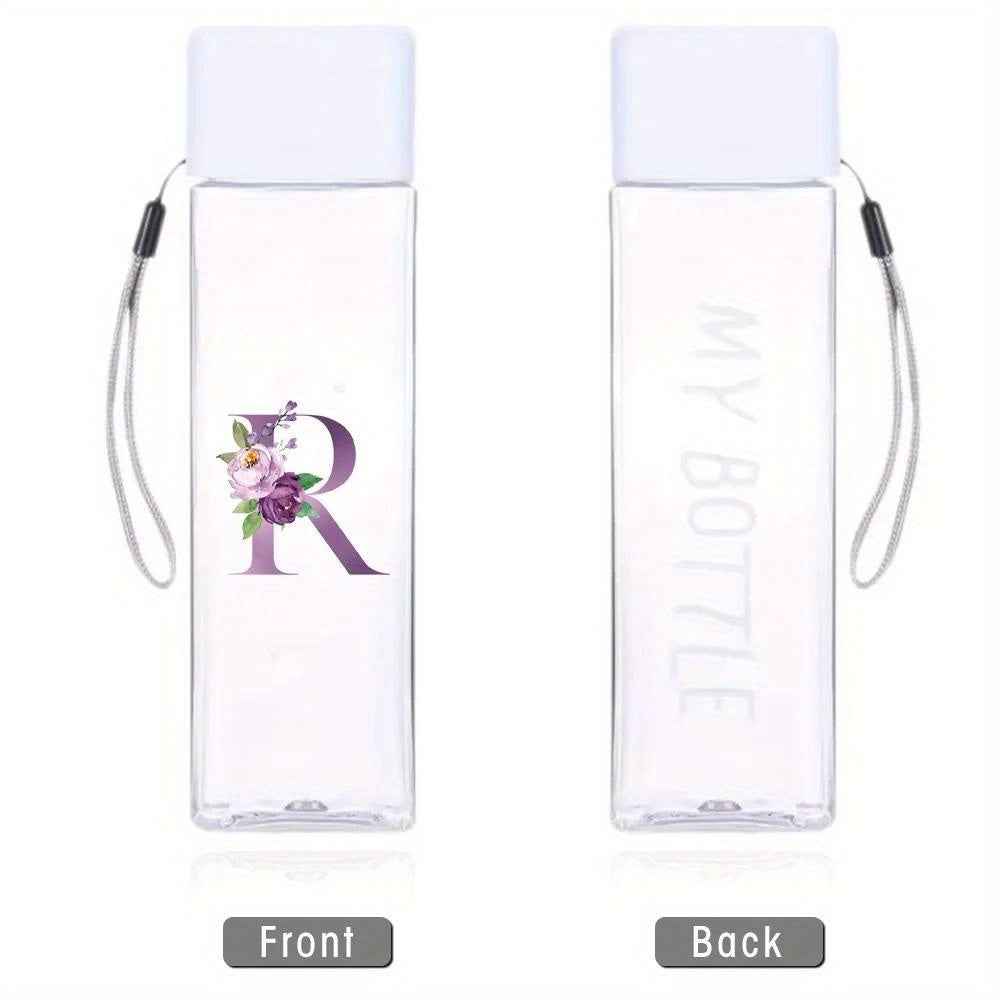 Large Sports Water Bottle Purple Leak-Proof High Temperature Resistant Portable Rope Square Transparent 26 Initial Letter Patterns