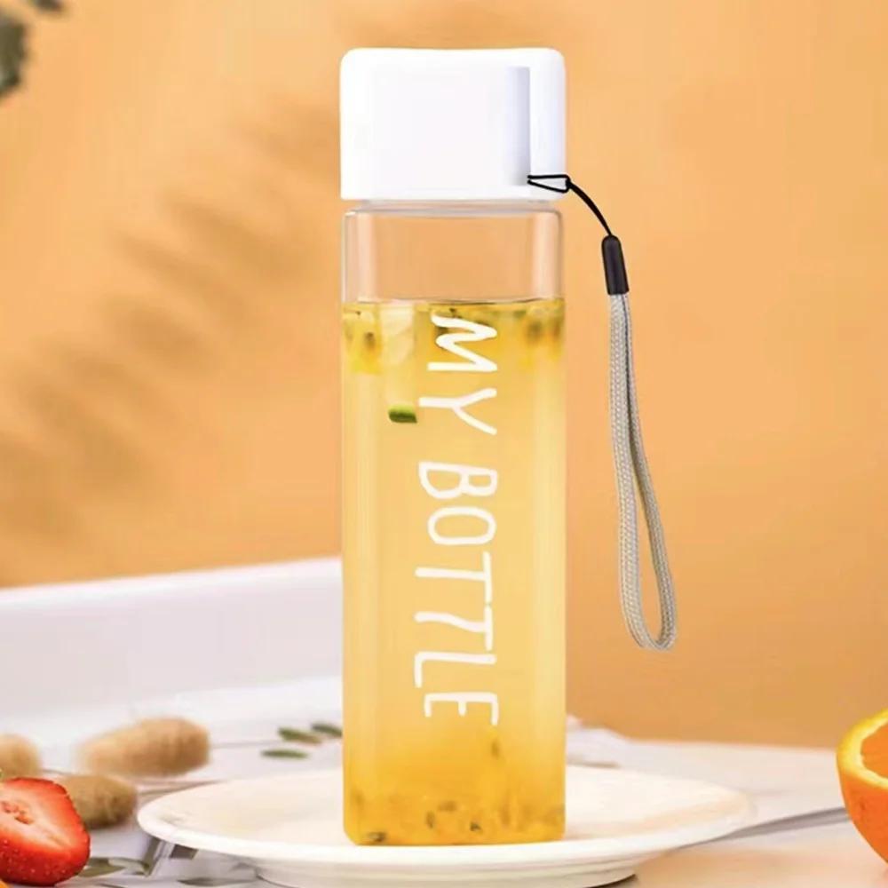 Large Sports Water Bottle Purple Leak-Proof High Temperature Resistant Portable Rope Square Transparent 26 Initial Letter Patterns