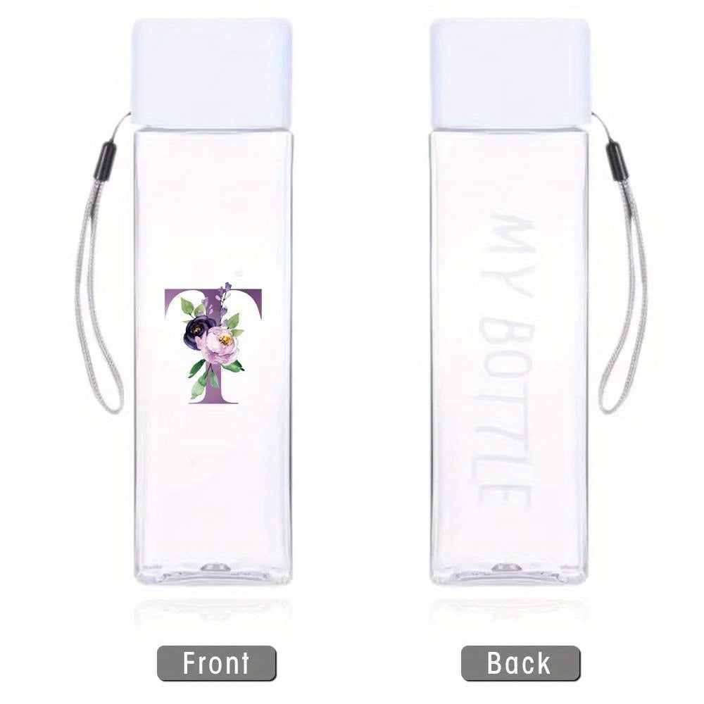 Large Sports Water Bottle Purple Leak-Proof High Temperature Resistant Portable Rope Square Transparent 26 Initial Letter Patterns