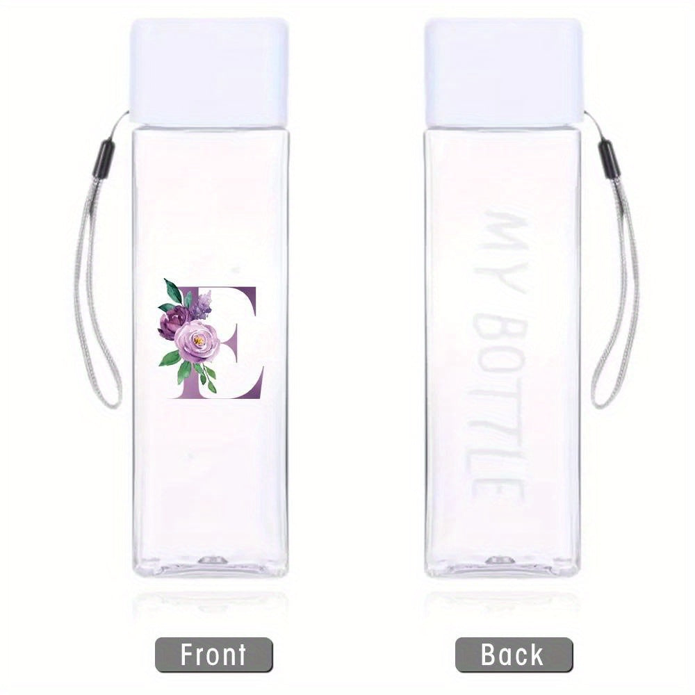 Large Sports Water Bottle Purple Leak-Proof High Temperature Resistant Portable Rope Square Transparent 26 Initial Letter Patterns