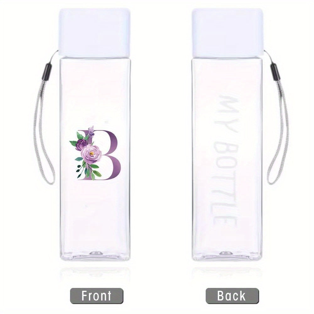 Large Sports Water Bottle Purple Leak-Proof High Temperature Resistant Portable Rope Square Transparent 26 Initial Letter Patterns