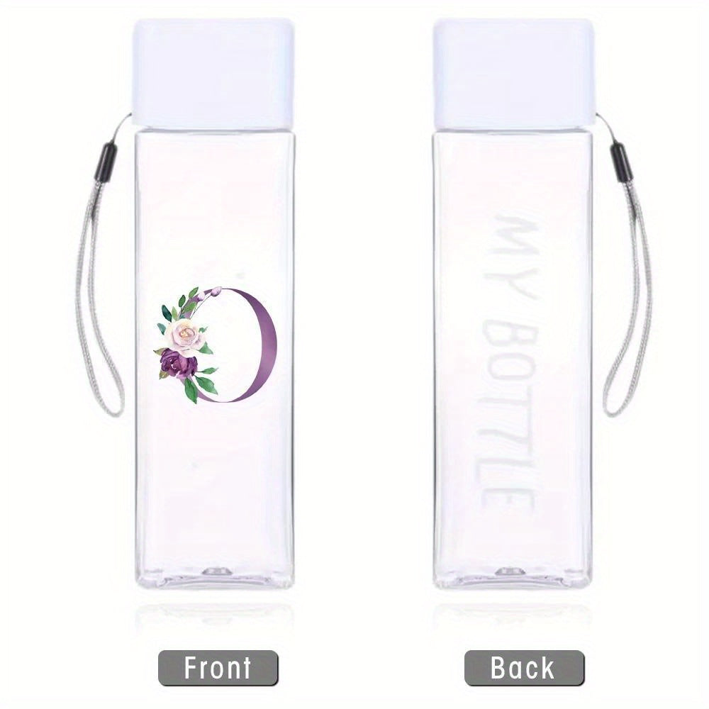 Large Sports Water Bottle Purple Leak-Proof High Temperature Resistant Portable Rope Square Transparent 26 Initial Letter Patterns