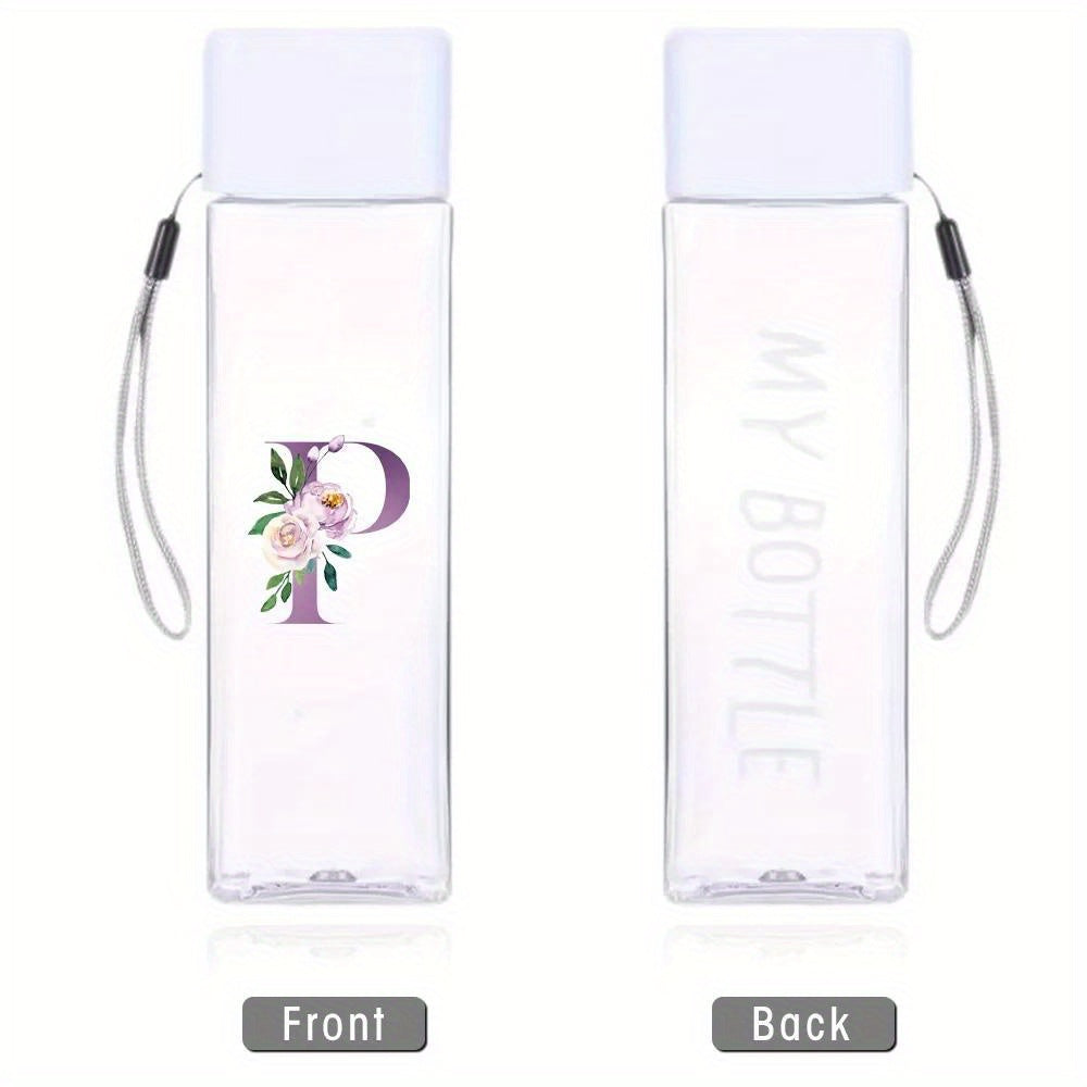 Large Sports Water Bottle Purple Leak-Proof High Temperature Resistant Portable Rope Square Transparent 26 Initial Letter Patterns