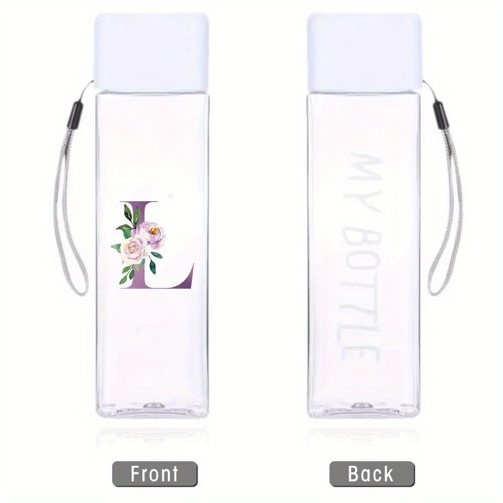 Large Sports Water Bottle Purple Leak-Proof High Temperature Resistant Portable Rope Square Transparent 26 Initial Letter Patterns