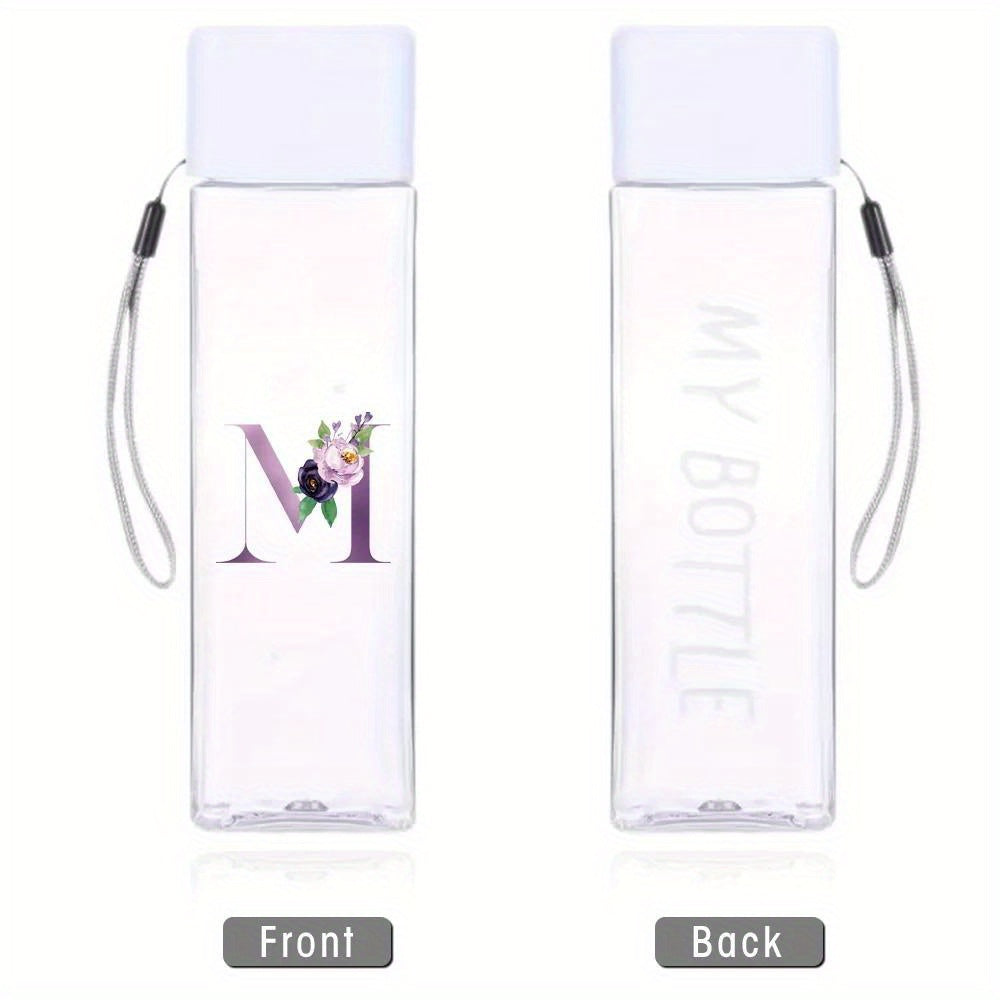Large Sports Water Bottle Purple Leak-Proof High Temperature Resistant Portable Rope Square Transparent 26 Initial Letter Patterns