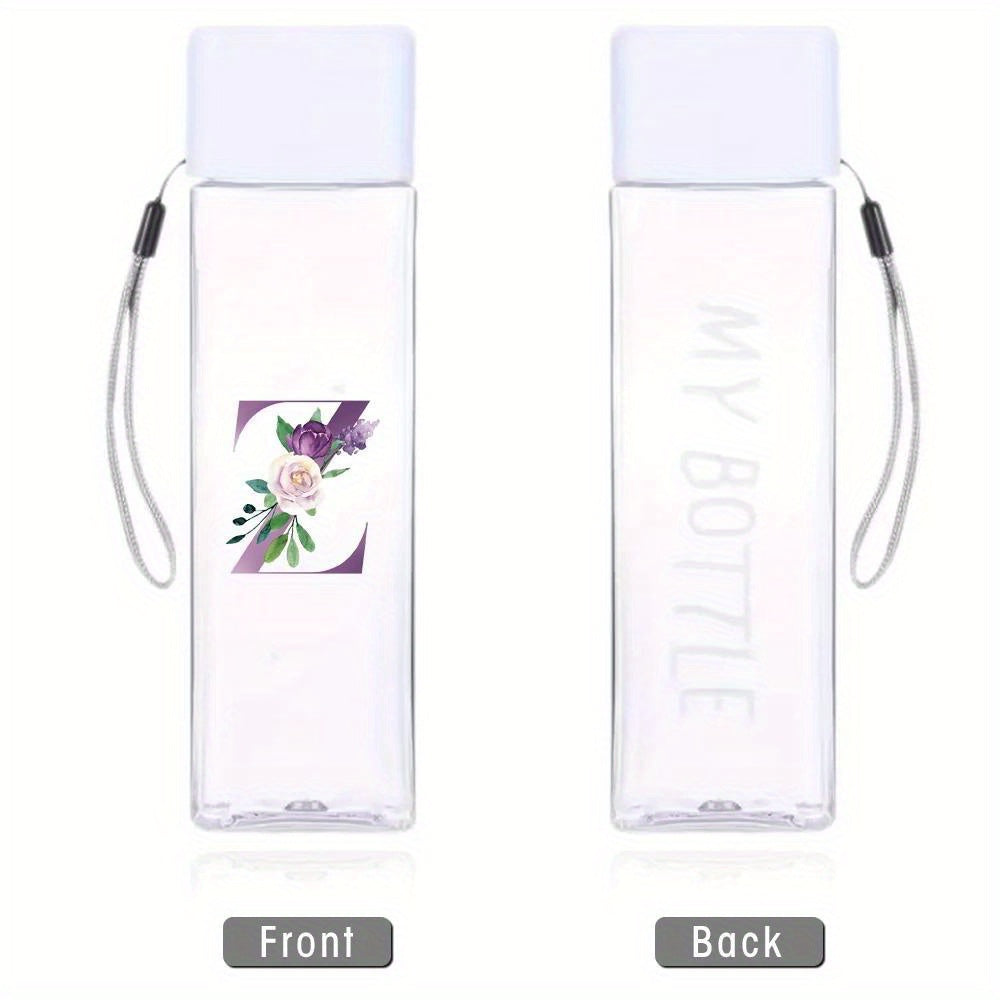 Large Sports Water Bottle Purple Leak-Proof High Temperature Resistant Portable Rope Square Transparent 26 Initial Letter Patterns
