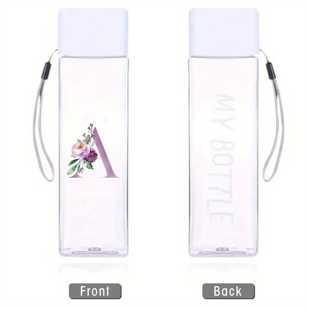Large Sports Water Bottle Purple Leak-Proof High Temperature Resistant Portable Rope Square Transparent 26 Initial Letter Patterns