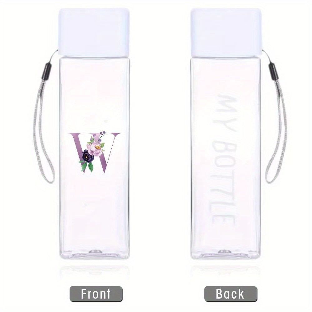 Large Sports Water Bottle Purple Leak-Proof High Temperature Resistant Portable Rope Square Transparent 26 Initial Letter Patterns