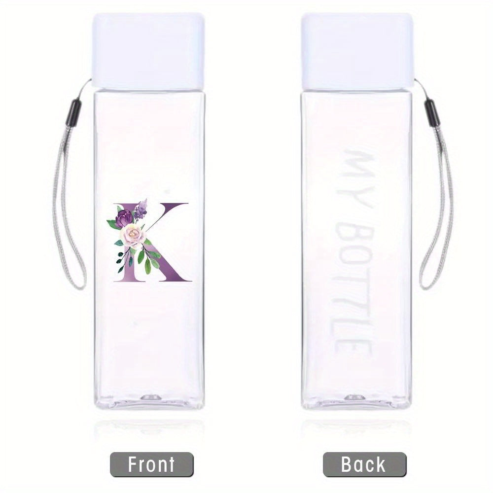 Large Sports Water Bottle Purple Leak-Proof High Temperature Resistant Portable Rope Square Transparent 26 Initial Letter Patterns