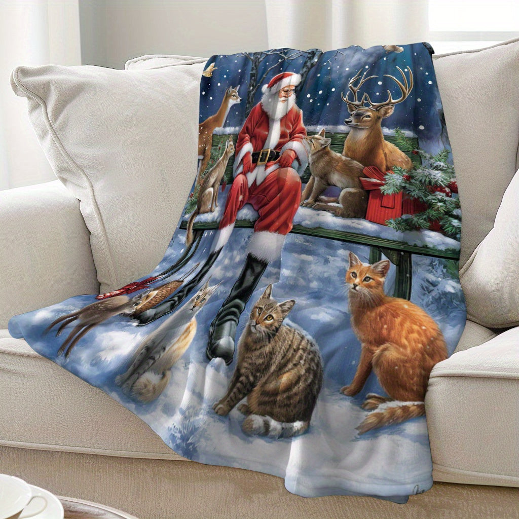 Christmas Flannel Blanket with Snowman and Deer Print for Cozy Holiday Comfort