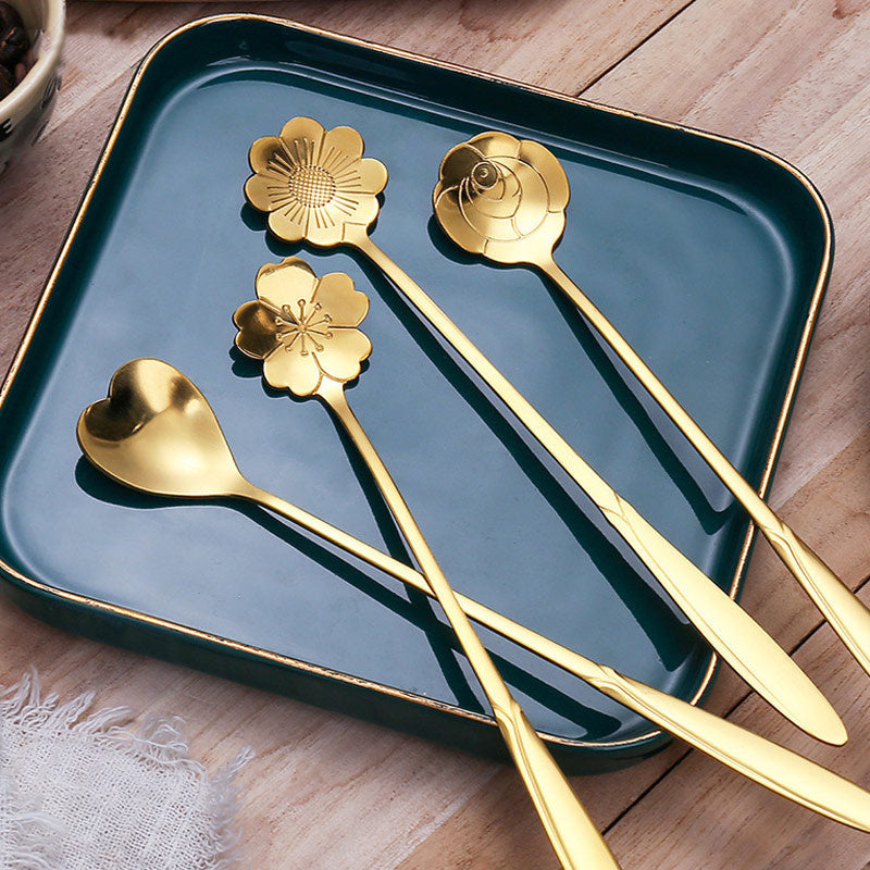 Flower-Shaped Stainless Steel Teaspoon Set for Coffee and Desserts Kitchen Tableware