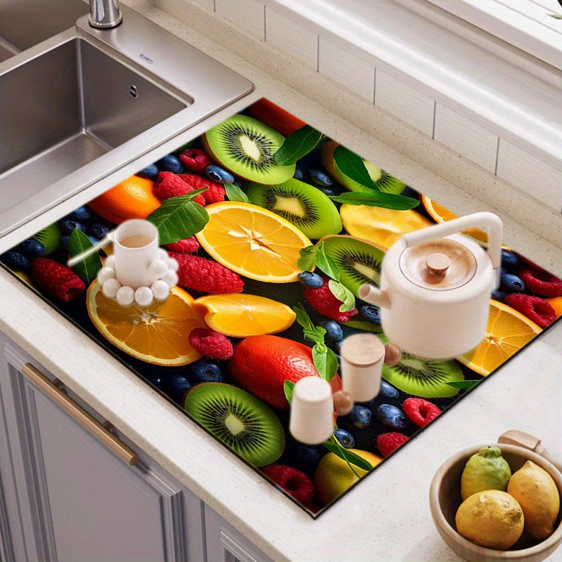 Fruit-Themed Print Dish Drying Mat Washable Absorbent Kitchen Pad Countertop Protector
