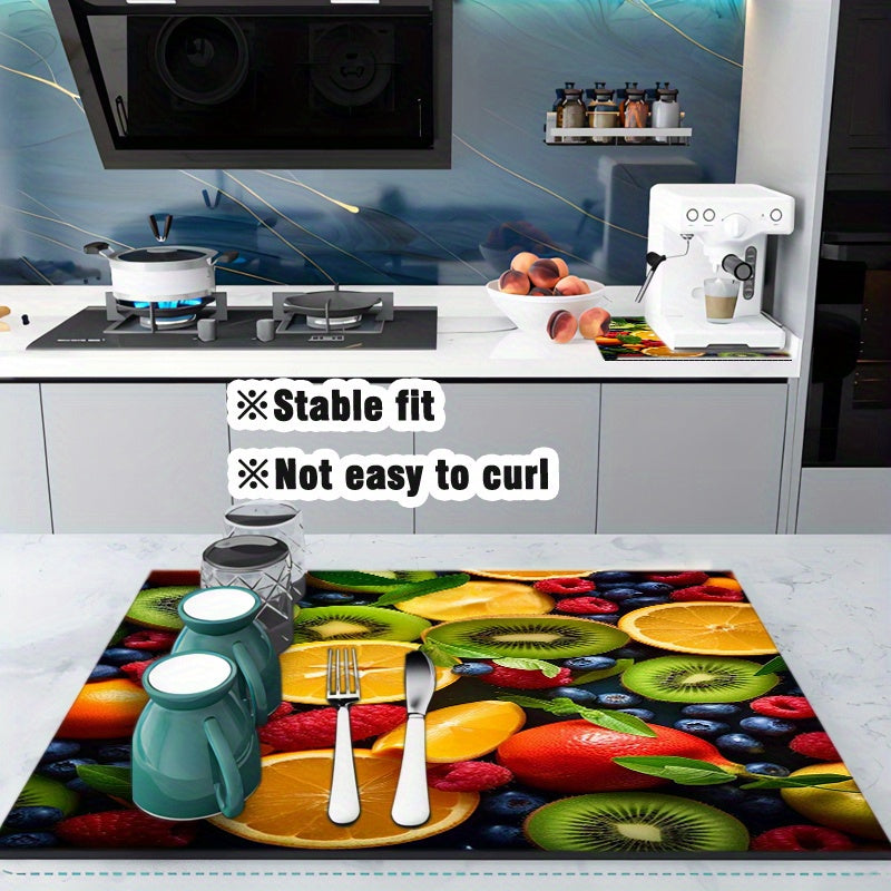 Fruit-Themed Print Dish Drying Mat Washable Absorbent Kitchen Pad Countertop Protector
