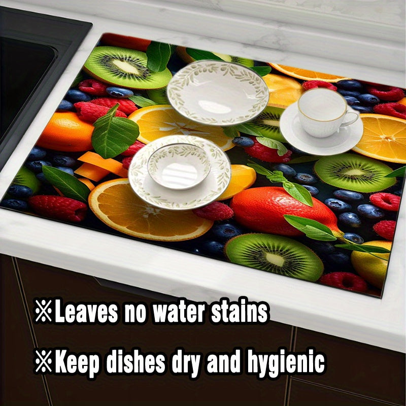 Fruit-Themed Print Dish Drying Mat Washable Absorbent Kitchen Pad Countertop Protector