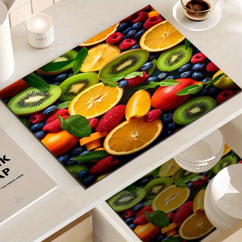 Fruit-Themed Print Dish Drying Mat Washable Absorbent Kitchen Pad Countertop Protector