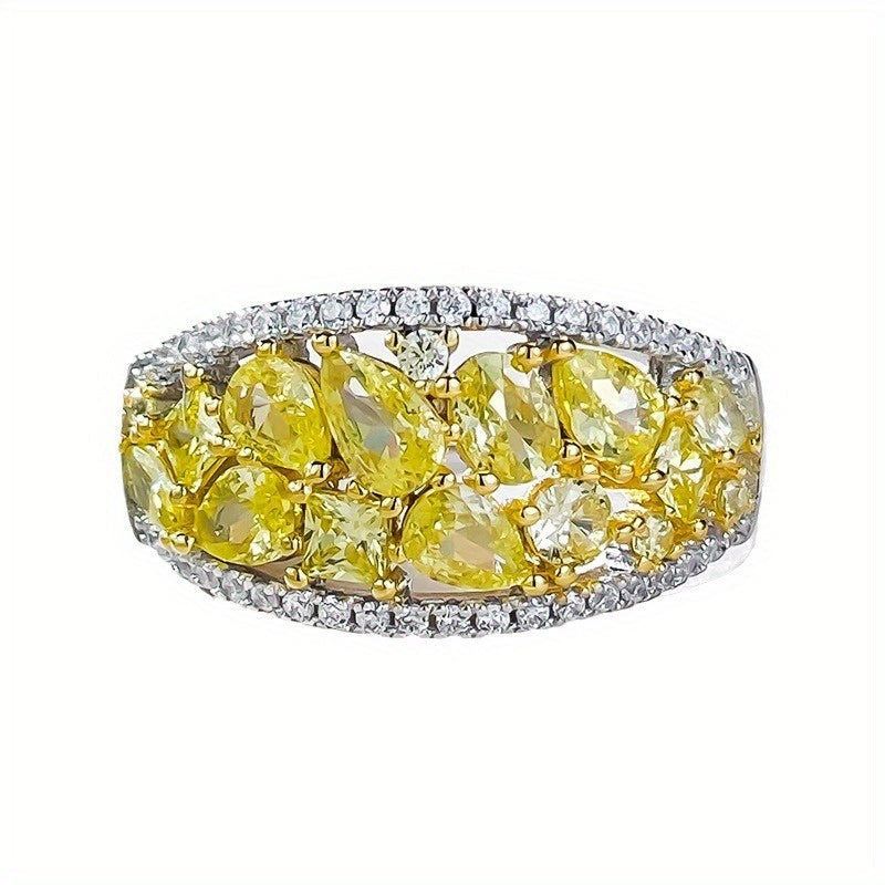 Сногсшибательное праздничное кольцо из 925-й стерлинговой серебра с желтыми бриллиантами и белым цирконием - идеально для праздничных мероприятий и торжеств - поставляется в подарочной коробке