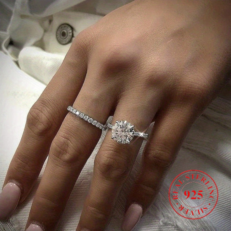 Sterling Silver Wedding Band Set 2-Piece Stackable CZ Stones Engagement Bridal Jewelry