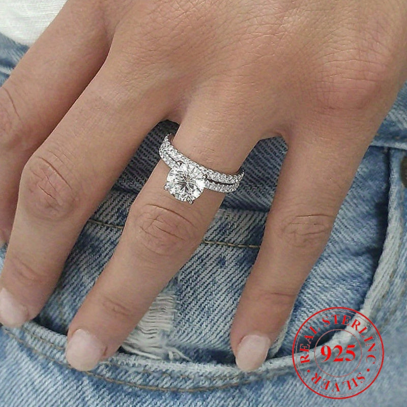 Sterling Silver Wedding Band Set 2-Piece Stackable CZ Stones Engagement Bridal Jewelry