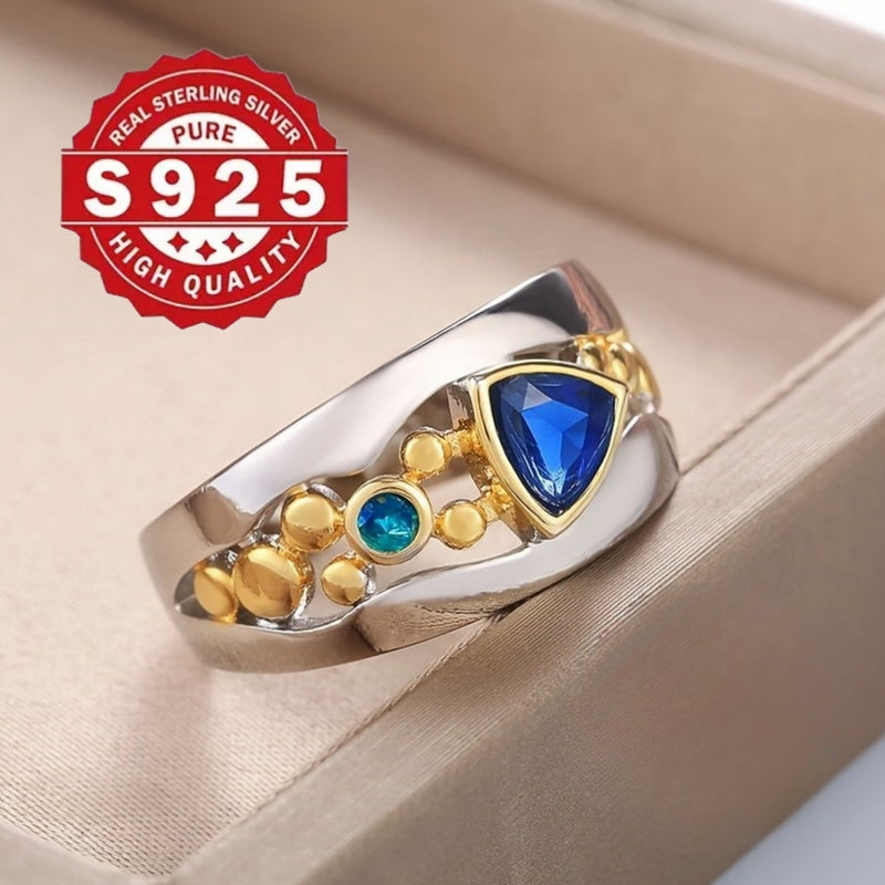 925 Sterling Silver Ring vintage dengiz uslubida, sun'iy ko'k safir va turkuaz toshlar bilan bezatilgan, 5g sof kumush qoplamasi. To'y va bayram zargarligi uchun mukammal, barcha fasllar uchun mos va ideal 14-fevral sovg'asi.