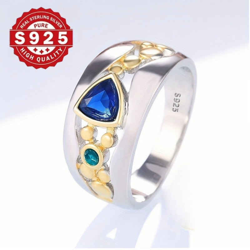 925 Sterling Silver Ring vintage dengiz uslubida, sun'iy ko'k safir va turkuaz toshlar bilan bezatilgan, 5g sof kumush qoplamasi. To'y va bayram zargarligi uchun mukammal, barcha fasllar uchun mos va ideal 14-fevral sovg'asi.