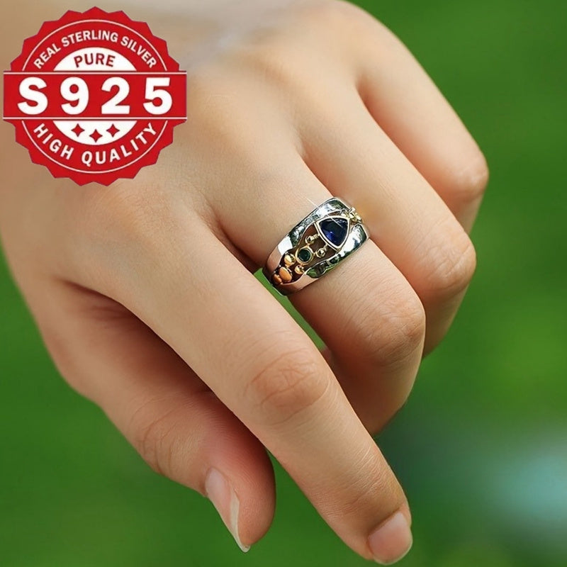 925 Sterling Silver Ring vintage dengiz uslubida, sun'iy ko'k safir va turkuaz toshlar bilan bezatilgan, 5g sof kumush qoplamasi. To'y va bayram zargarligi uchun mukammal, barcha fasllar uchun mos va ideal 14-fevral sovg'asi.