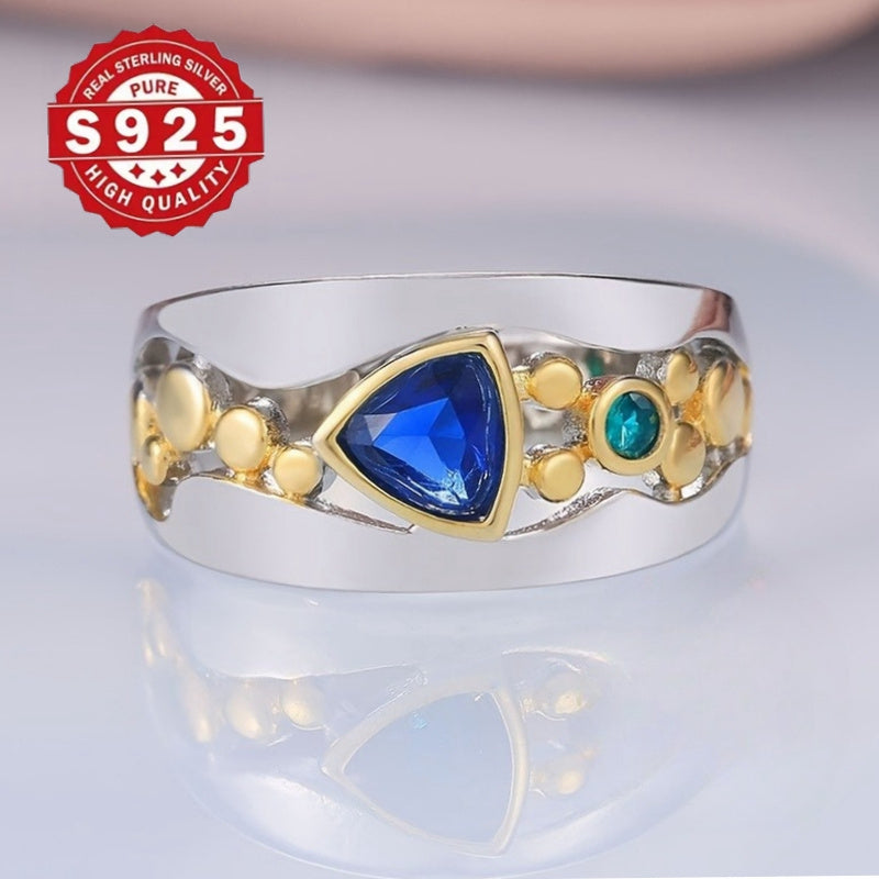 925 Sterling Silver Ring vintage dengiz uslubida, sun'iy ko'k safir va turkuaz toshlar bilan bezatilgan, 5g sof kumush qoplamasi. To'y va bayram zargarligi uchun mukammal, barcha fasllar uchun mos va ideal 14-fevral sovg'asi.