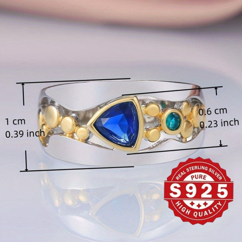 925 Sterling Silver Ring vintage dengiz uslubida, sun'iy ko'k safir va turkuaz toshlar bilan bezatilgan, 5g sof kumush qoplamasi. To'y va bayram zargarligi uchun mukammal, barcha fasllar uchun mos va ideal 14-fevral sovg'asi.