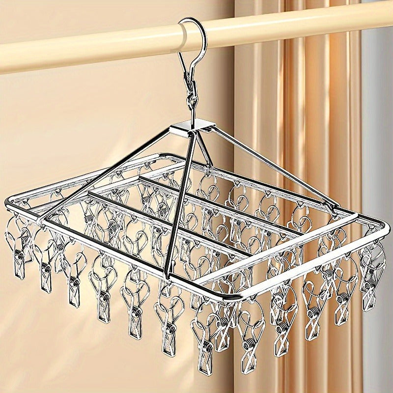 Estante de secado de ropa de acero inoxidable 30-clip, organizador de lavandería a prueba de viento para dormitorio, baño y armario