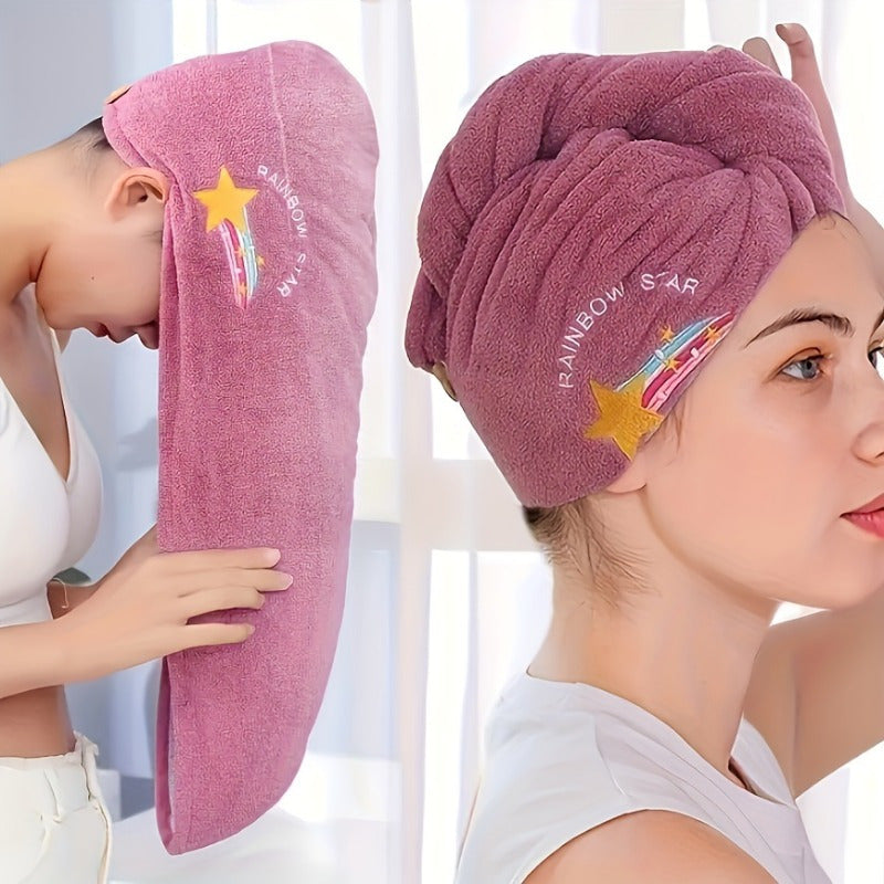 Toalla para el cabello con bordado de arcoíris y botón, envoltorio suave, absorbente y de secado rápido para mujeres