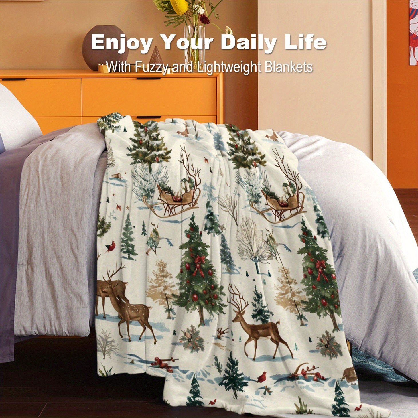 Flannel Christmas Blanket Lightweight Soft Throw for Bed Sofa Camping Travel