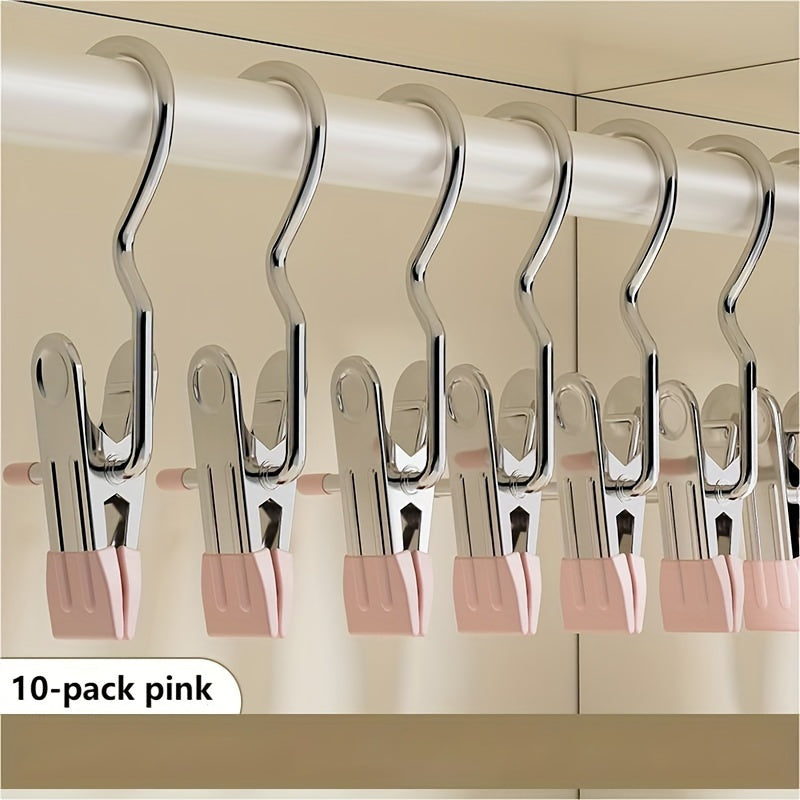 Set of 10 Stainless Steel Clothes Clips with Hooks for Hanging and Drying