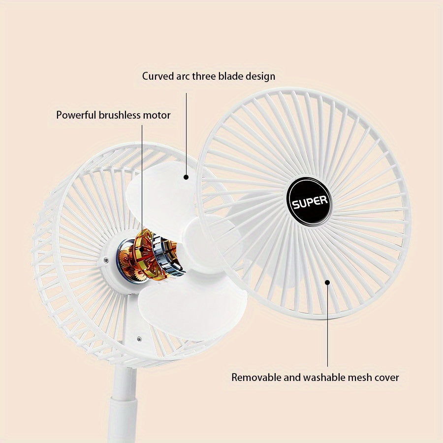 Portable Folding Fan with Telescopic Design, USB Rechargeable, White