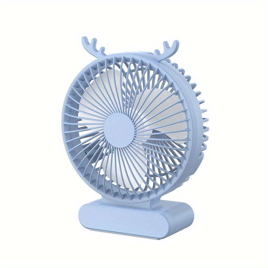 Deer-Inspired USB Desktop Fan Blue Green Portable Quiet Rechargeable Battery