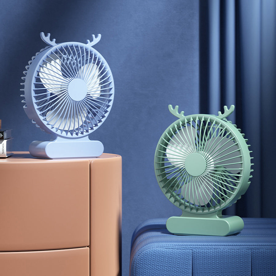 Deer-Inspired USB Desktop Fan Blue Green Portable Quiet Rechargeable Battery