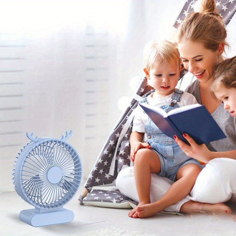 Deer-Inspired USB Desktop Fan Blue Green Portable Quiet Rechargeable Battery